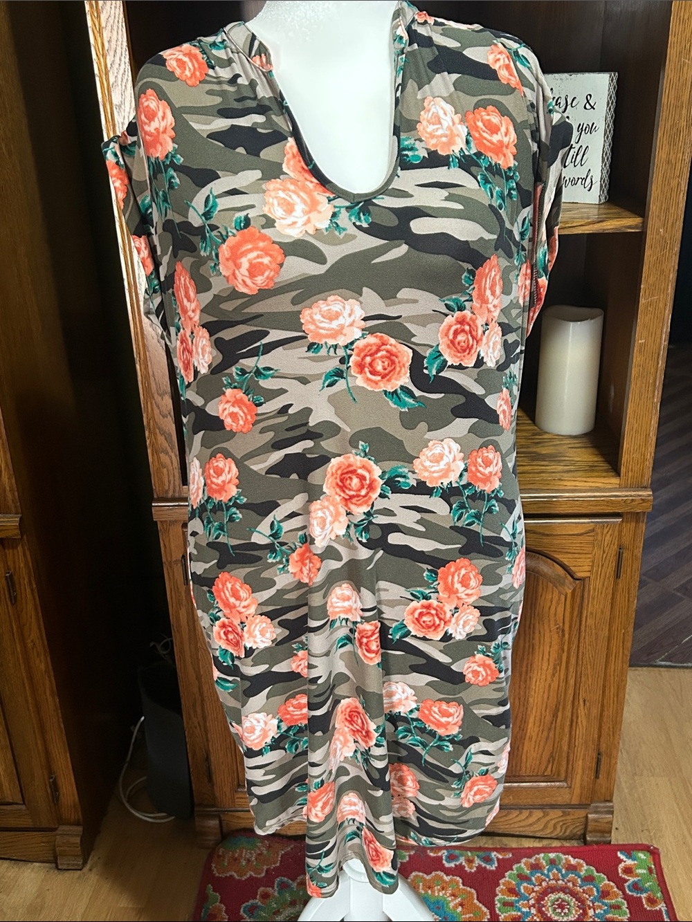 Floral Camo Short Sleeve V-Neck Mini Dress - Coral Floral Size XXL (19)